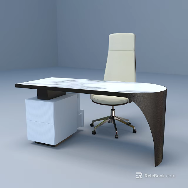 Modern Office Desk with Marble Top Dark Legs White Drawer Cabinet and White Office Chair 3d model 