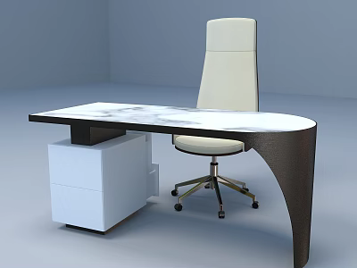 Modern Office Desk with Marble Top Dark Legs White Drawer Cabinet and White Office Chair 3d model