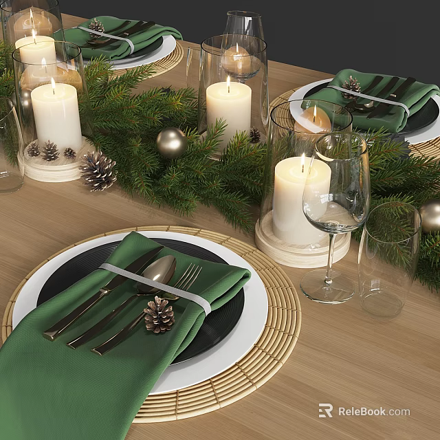 Decorative Ornament Set Featuring Candles Pinecones Green Napkins Wine Glasses And Cutlery 3d model 