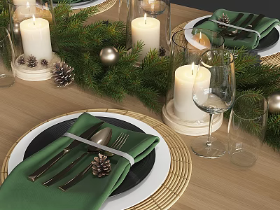 Decorative Ornament Set Featuring Candles Pinecones Green Napkins Wine Glasses And Cutlery 3d model