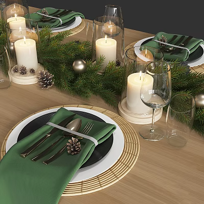 Decorative Ornament Set Featuring Candles Pinecones Green Napkins Wine Glasses And Cutlery 3d model