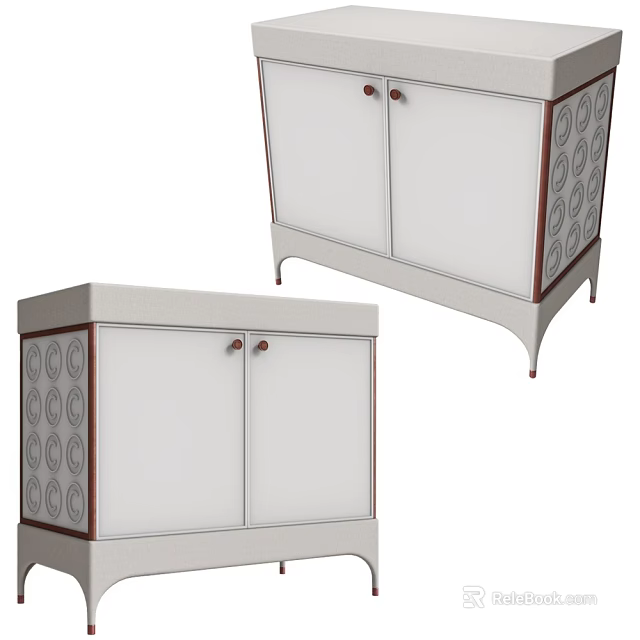 Modern Entryway Side Cabinet With White Doors Wooden Trim Circular Patterns And Metal Legs 3d model 