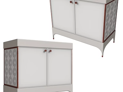 Modern Entryway Side Cabinet With White Doors Wooden Trim Circular Patterns And Metal Legs 3d model