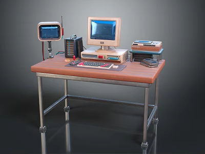 Vintage Computer Desk With Wooden Top Metal Frame Monitor CPU Tower And Equipment 3d model