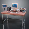 Vintage Computer Desk With Wooden Top Metal Frame Monitor CPU Tower And Equipment