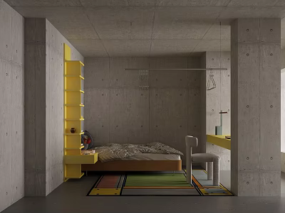 Modern Industrial Single Bed In Raw Concrete Bedroom With Bright Yellow Storage Furniture And Colorful Rug 3d model