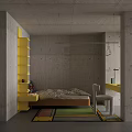 Modern Industrial Single Bed In Raw Concrete Bedroom With Bright Yellow Storage Furniture And Colorful Rug