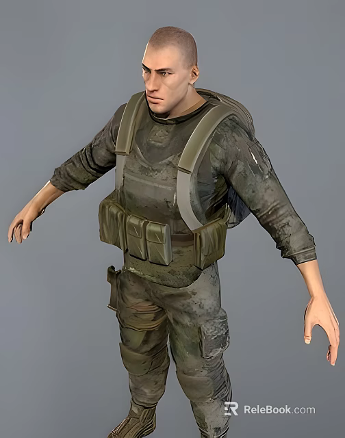 Man In Camouflage Uniform Wearing Tactical Vest And Backpack Full Body View 3d model 