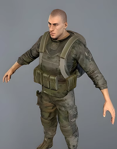 Man In Camouflage Uniform Wearing Tactical Vest And Backpack Full Body View 3d model
