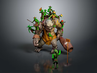 Giant Game Character Monster With Small Green Figures In Yellow Clothing Flag Bearer And Spears 3d model