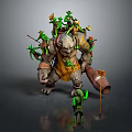 Giant Game Character Monster With Small Green Figures In Yellow Clothing Flag Bearer And Spears