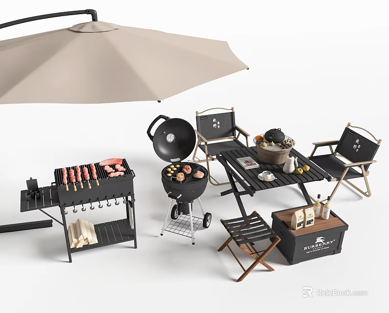 Outdoor BBQ Area With Grilling Tools Chairs Cooler And Umbrella 3d model 