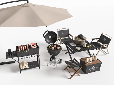 Outdoor BBQ Area With Grilling Tools Chairs Cooler And Umbrella 3d model