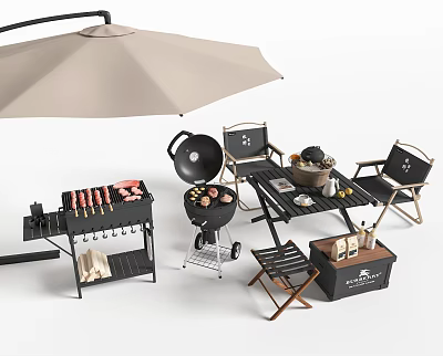 Outdoor BBQ Area With Grilling Tools Chairs Cooler And Umbrella 3d model