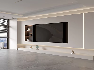 Modern Living Room TV Wall Design With LED Strip Lighting And Floating Shelves 3d model