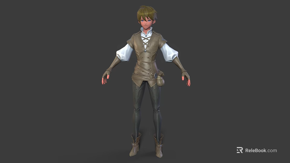 Adventurer Character with Brown Leather Vest White Shirt Dark Pants and Leather Boots 3d model 