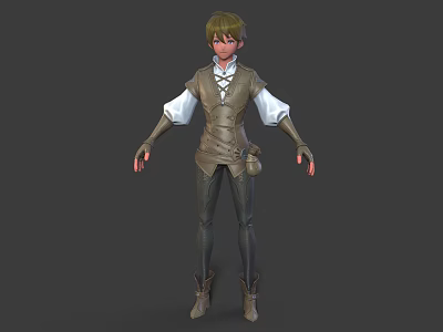 Adventurer Character with Brown Leather Vest White Shirt Dark Pants and Leather Boots 3d model
