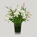 Black Vase With White Lilies Pink Buds And Green Leaves On Simple Background
