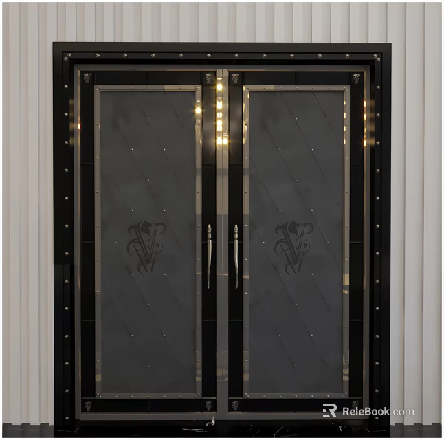 Stylish Black Framed Double Doors With Glass Panels Metal Rivets And Floral Patterns 3d model 
