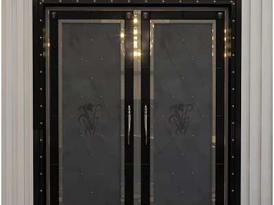 Stylish Black Framed Double Doors With Glass Panels Metal Rivets And Floral Patterns 3d model