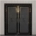 Stylish Black Framed Double Doors With Glass Panels Metal Rivets And Floral Patterns