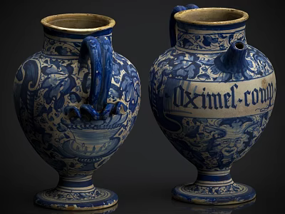 Blue and White Ceramic Vessels with Handles Ornate Patterns and Inscription 3d model
