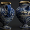 Blue and White Ceramic Vessels with Handles Ornate Patterns and Inscription
