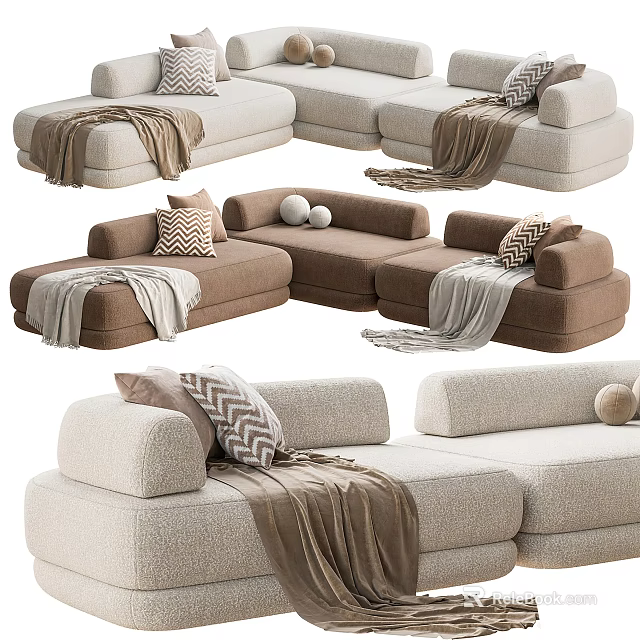 Modern Sectional Sofa With Beige Brown Upholstery Pillows And Soft Throws 3d model 