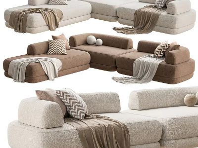 Modern Sectional Sofa With Beige Brown Upholstery Pillows And Soft Throws 3d model