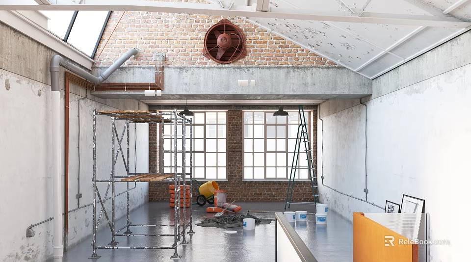 Industrial Space Renovation With Scaffolding Brick Wall Large Windows And Construction Tools 3d model 