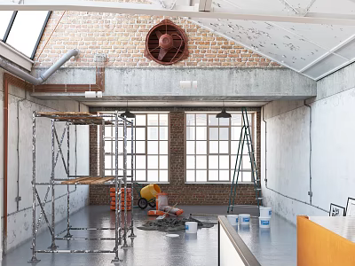 Industrial Space Renovation With Scaffolding Brick Wall Large Windows And Construction Tools 3d model