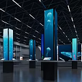 Marine Exhibition Hall Interior With Blue Pillars And Jellyfish Display Stands