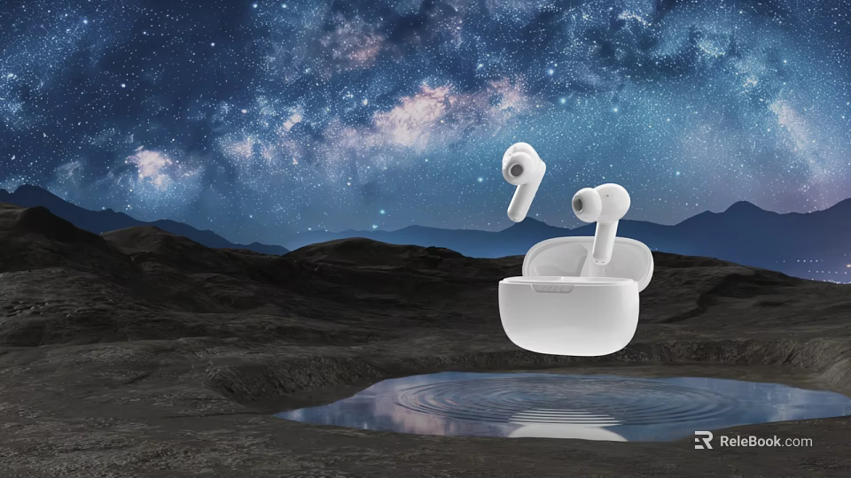 Modern White Wireless Earbuds With Sleek Design Floating Over Water Under Starry Sky 3d model 