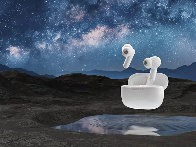 Modern White Wireless Earbuds With Sleek Design Floating Over Water Under Starry Sky 3d model