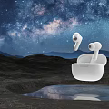 Modern White Wireless Earbuds With Sleek Design Floating Over Water Under Starry Sky