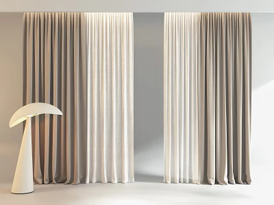 Beige Elegant Curtains Draped In Modern Interior With Floor Length Design 3d model