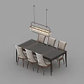 Modern Dark Wooden Dining Table Set With Six Light Leather Chairs And Rectangular Chandelier 3d model