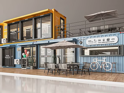 Colorful Shipping Container Building Café With Outdoor Seating Umbrellas And Bicycle Design 3d model