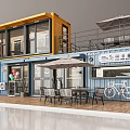 Colorful Shipping Container Building Café With Outdoor Seating Umbrellas And Bicycle Design