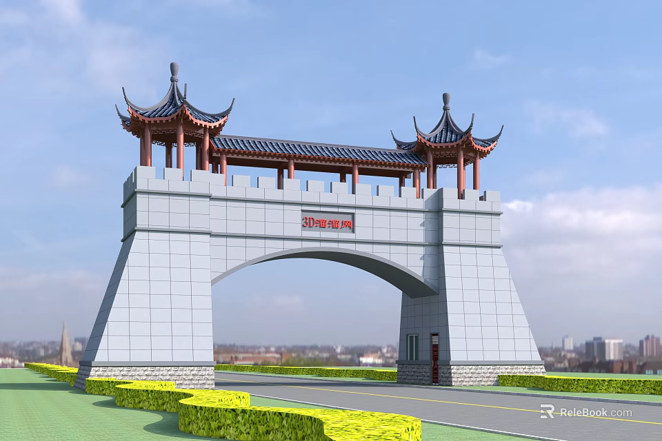 Traditional Chinese Entrance Gate with Ancient Architectural Arch Stone Structure Red Decorations and Green Lawns 3d model 