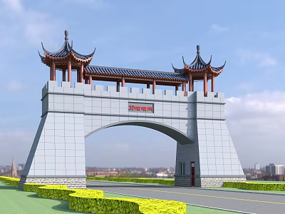 Traditional Chinese Entrance Gate with Ancient Architectural Arch Stone Structure Red Decorations and Green Lawns 3d model