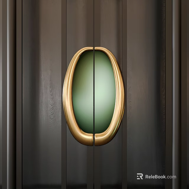 Elegant Gold Oval Door Handle with Green Center on Dark Wooden Door 3d model 