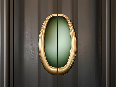 Elegant Gold Oval Door Handle with Green Center on Dark Wooden Door 3d model