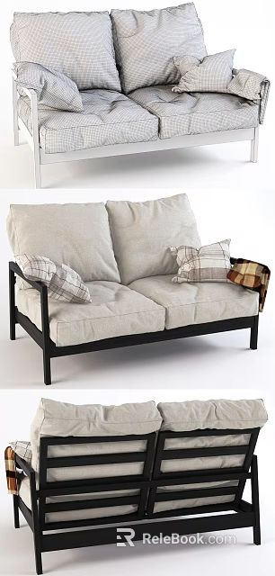 Stylish Two Seater Sofa With Light Gray Fabric Plaid Cushions And Black Frame 3d model 