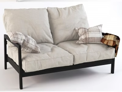 Stylish Two Seater Sofa With Light Gray Fabric Plaid Cushions And Black Frame 3d model