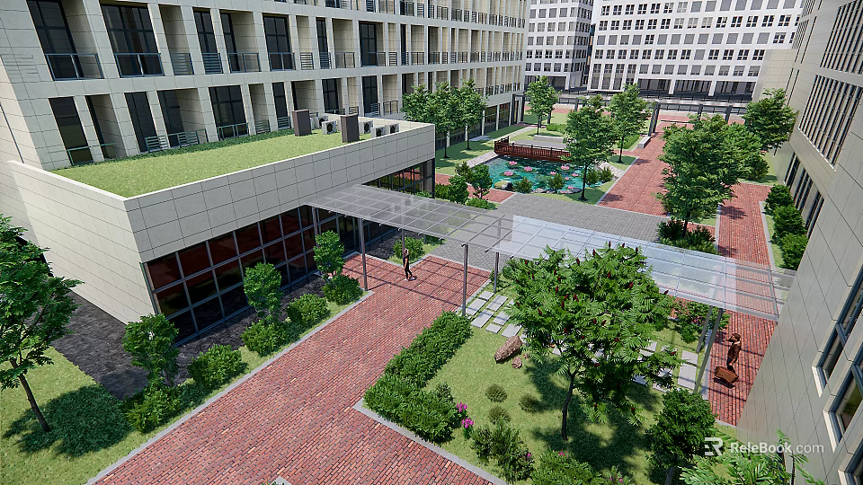 Modern Pergola In Courtyard With Green Trees Red Brick Pavement And Modern Buildings 3d model 