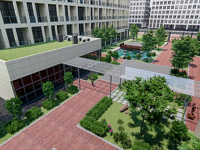 Modern Pergola In Courtyard With Green Trees Red Brick Pavement And Modern Buildings 3d model