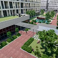 Modern Pergola In Courtyard With Green Trees Red Brick Pavement And Modern Buildings