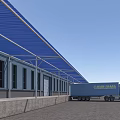 Modern Industrial Warehouse With Blue Canopy Roll Up Doors Windows And Hemplants Truck