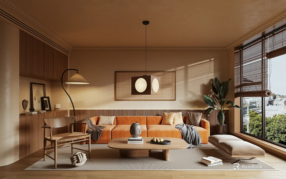 Warm Modern Living Room Interior With Orange Sofa Wooden Coffee Table And Pendant Light 3d model 